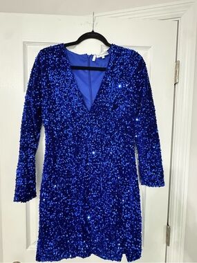 Electric Blue Sequin Long-Sleeve V-Neck Dress